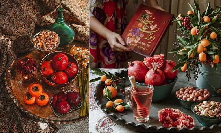 ایدههای تزیین تنقلات و میوههای شب یلدا در سینیهای قدیمی و گرد مسی